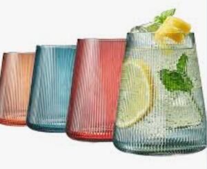 Set of 4 Ribbed Glass Stemless Wine Glasses